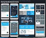 Material design responsive pixel perfect UI mobile calendar app, widgets and notifications kit, smartphone mockups and website landing page template with trendy blurred header background. Startup Bundle Material Series