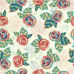 Vector hand drawn floral seamless pattern. Colorful spring or summer background with rose and leaf