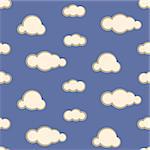 Night sky clouds seamless kid vector pattern. Blue and beige boy background. Minimalist style textile fabric cartoon nature aerial ornament.