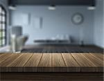 3d render of a wooden table looking out to a defocussed modern apartment setting