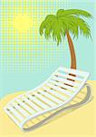 Sunbed under palm tree on tropical beach. Retro cartoon illustration