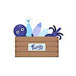 Crate With Fish And Seafood Flat Primitive Design Bright Color Vector Icon On White Background