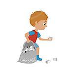 Boy Collecting Garbage Simple Design Illustration In Cute Fun Cartoon Style Isolated On White Background