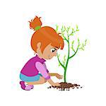 Girl Planting A Tree Colorful Simple Design Vector Drawing Isolated On White Background
