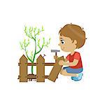 Boy Fixing The Fence Colorful Simple Design Vector Drawing Isolated On White Background