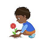 Boy Planting A Flower Simple Design Illustration In Cute Fun Cartoon Style Isolated On White Background