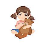 Girl Feeding A Teddy Bear Colorful Simple Design Vector Drawing Isolated On White Background