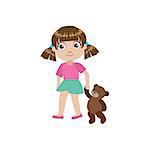 Girl Walking With Teddy Bear Colorful Simple Design Vector Drawing Isolated On White Background