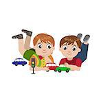 Boys Playing With Toy Cars Colorful Simple Design Vector Drawing Isolated On White Background