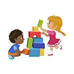 Kids Playing Bricks Colorful Simple Design Vector Drawing Isolated On White Background