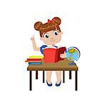 Girl Brhing The Desk Reading Colorful Simple Design Vector Drawing Isolated On White Background