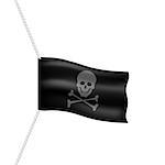 Pirate flag with skull symbol hanging on white rope on white background