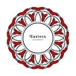 Vector design with circular ornament in eastern style. Ornate oriental element and round place for text. Black, red, white color. Template for invitations, greating cards, flyer pages, brochures.