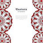 Vector design with circular ornament in eastern style. Ornate oriental element and place for text. Black, red, white color. Template for invitations, greating cards, flyer pages, brochures.