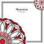 Vector design with circular ornament in eastern style. Ornate oriental element and place for text in frame. Black, red, white color. Template for invitations, greating cards, flyer pages, brochures.