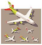 Vector Isometric icon set or infographic elements representing passenger airplanes. Different classes of jet airplanes and airplane with propeller engine in low poly style