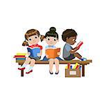 Kids Sitting On The Desk Reading Colorful Simple Design Vector Drawing Isolated On White Background