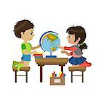 Boy And Girl With The Globe Colorful Simple Design Vector Drawing Isolated On White Background