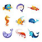 Colorful Sea Animals Set Of Cute Bright Color Childish Design Vector Illustrations Isolated On White Background
