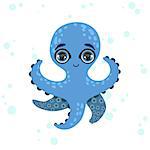 Blue Octopus Bright Color Cartoon Style Vector Illustration Isolated On White Background