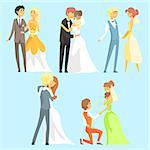 Brides And Grooms Couples Flat Cool Cartoon Style Vector Drawings Set