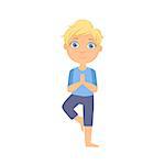 Boy In Tree Pose Bright Color Cartoon Childish Style Flat Vector Drawing On White Background