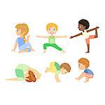 Kids Doing Advanced Yoga Poses Bright Color Cartoon Childish Style Flat Vector Drawing On White Background