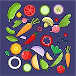 Vegetable Salad Ingredients Collection. Fresh Vegetables For Vegetarian Salad Illustration. Cooking Ingredients For Vegan Diet Set Of Flat Vector Drawings.