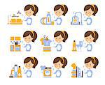 Cleaning Service Girl And Finished Tasks Set Of Illustrations In Stylized Simplified Flat Vector Cartoon Stickers
