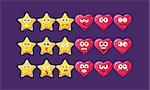 Stars And Hearts Emoji Character Set Of Flat Bright Color Trendy Cartoon Design Vector Icons Isolated On Violet Background