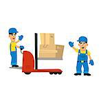 Two Workers And Forklift Machine Simplified Flat Vector Design Colorful Illustration On White Background