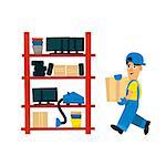 Worker Bringing Box To Store On The Shelf Simplified Flat Vector Design Colorful Illustration On White Background