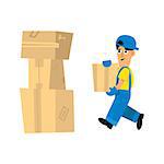 Worker Making Pile Of Carton Boxes Simplified Flat Vector Design Colorful Illustration On White Background