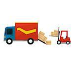 Boxes Falling Out From Cargo Truck And Forklift Machine Simplified Flat Vector Design Colorful Illustration On White Background