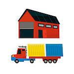 Storehouse And Long Distance Cargo Truck Simplified Flat Vector Design Colorful Illustration On White Background