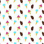 Ice cream vector seamless pattern. Summer ice dessert collection. Waffle cone, popsicle and sundae background for wrap and textile. Eskimo pie and watermelon ice-cream.