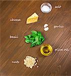 Sicilian basil pesto ingredients on wooden table. with caption