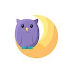 Owl Sitting On Crescent Cute Childish Style Light Color Design Icon Isolated On White Background