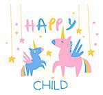 Happy Child Backdrop Illustration With Unicorns Mother And Baby In Cute Childish Flat Vector Design On White Background