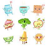 Different Food Childish Characters Emotion Set Of Detailed Adorable Flat Vector Drawings Isolated On white Background