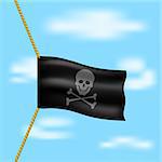 Pirate flag with skull symbol hanging on rope in brown design on blue sky