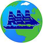 Ancient sailing ship on the background of the Earth. The illustration on a white background.