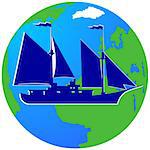 Ancient sailing ship on the background of the Earth. The illustration on a white background.