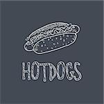 Hotdog Sketch Style Chalk On Blackboard Menu Item Vector Illustration Hand Drawn On Dark Background