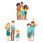 Happy Families Posing Together Simplified Cartoon Style Flat Vector Colorful Illustrations On White Background