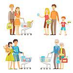 Families Grocery Shopping Together Simplified Cartoon Style Flat Vector Colorful Illustrations On White Background