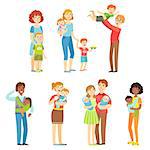 Happy Families With Small Children Flat Childish Cartoon Style Bright Color Vector Illustration On White Background