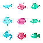 Fantastic Fish Set Of Cute Bright Color Childish Design Vector Illustrations Isolated On White Background