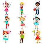 Kids Celebration Set Of Bright Color Isolated Vector Drawings In Simple Cartoon Design On White Background