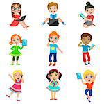 Kids And Modern Technology Set Of Bright Color Isolated Vector Drawings In Simple Cartoon Design On White Background